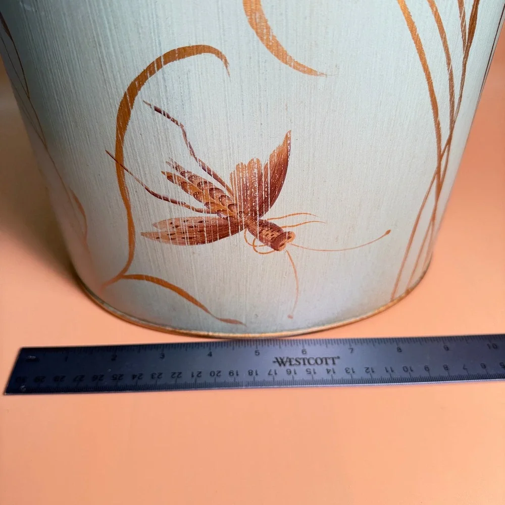 Vintage Hand Painted Metal Wastebasket Blue Gold Wheat Grasshopper Nature Decor